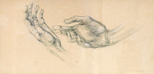 John Skelton (1925-2009), Study of hands, 1963, signed, details verso, ink sketch heightened with white, 25 x 49cm, Provenance: from the artist's family